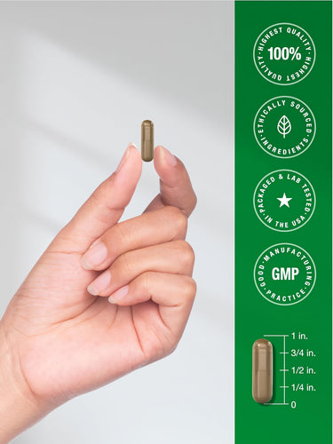View 7 Infographic showing Olive Leaf Extract 9000 mg brown capsule, 1 inch. Claims: 100% highest quality, ethically sourced, lab tested USA, GMP.