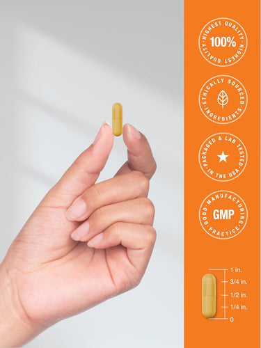 Hand holding a supplement capsule with product details on an orange background