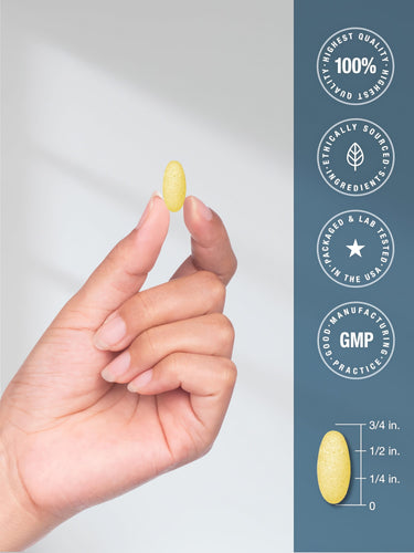View 7 Yellow Glucosamine Chondroitin tablet held in hand, approx. 5/8 in. long. Quality: Highest, Ethically Sourced, Lab Tested, GMP.