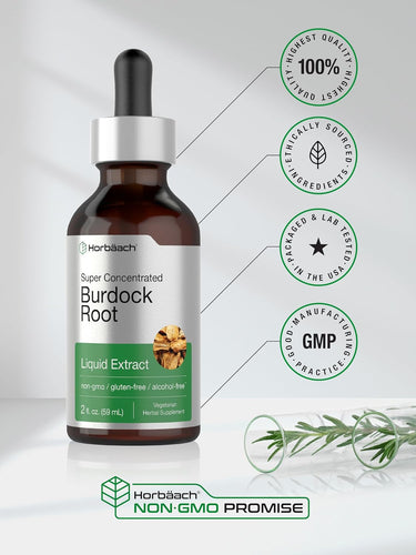 Burdock Root liquid extract bottle with certification logos on a white background