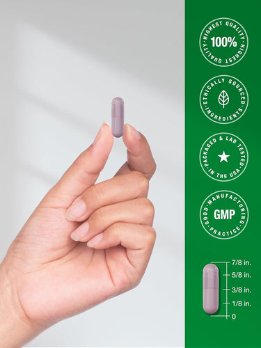 Hand holding a purple pill with green certification logos on a white background