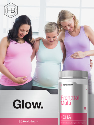 View 12 Pregnant adult in pink top standing beside another adult, with hand on belly; graphic stating Glow.