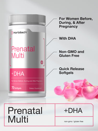 View 8 Graphic showing Horbaach Prenatal Multi +DHA, 70 quick release softgels, stating For Women Before, During, & After Pregnancy, With DHA, Non-GMO and Gluten Free, Quick Release Softgels