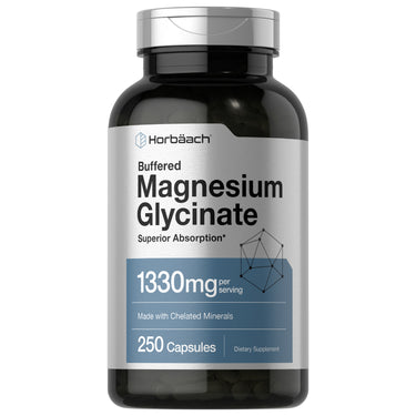 Supplement bottle labeled 'Buffered Magnesium Glycinate' by Horbaach on a white background