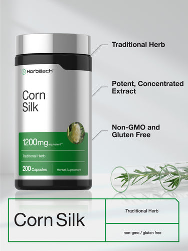 View 7 Product graphic showing Corn Silk 1200 mg bottle, stating Traditional Herb, Potent, Concentrated Extract, Non-GMO and Gluten Free.
