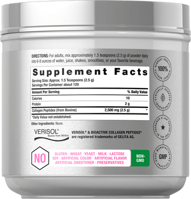 View 16 Back label / Supplement Facts panel for collagen peptides powder, showing directions, 2,500 mg collagen peptides per serving