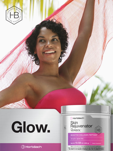 View 14 Lifestyle image of smiling woman holding a pink scarf, with Horbaach Skin Rejuvenator with VERISOL Bioactive Collagen Peptides powder bottle and graphic stating Glow.