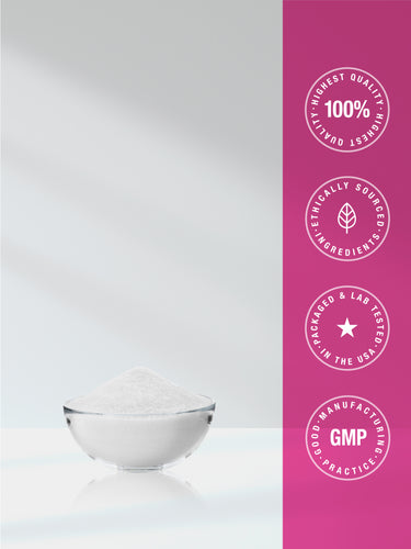 View 18 Graphic showing collagen peptides powder with quality badges stating Highest Quality 100%, Scientifically Sourced Ingredients, Packaged & Lab Tested in the USA, and GMP Good Manufacturing Practice.
