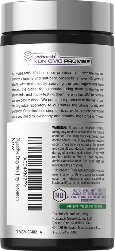 View 8 Back bottle label with Horbaach Non-GMO Promise, warning, dietary attribute icons, barcode, and manufacturing information