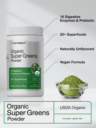 View 4 Graphic showing Horbäach Organic Super Greens Powder with green powder, stating 18 Digestive Enzymes & Prebiotic, 20+ Superfoods, Naturally Unflavored, Vegan Formula, USDA Organic, non-gmo / gluten free