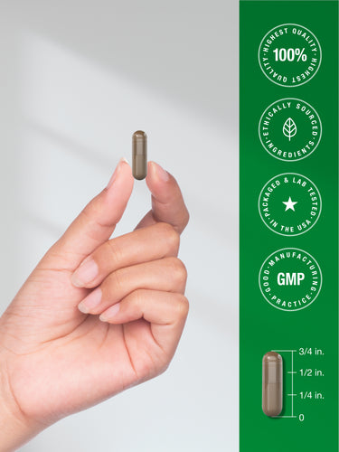 View 4 Quick release capsule shown in hand for size reference, measuring 3/4 in, with graphic stating 100% Highest Quality Guaranteed, Only Superior Ingredients