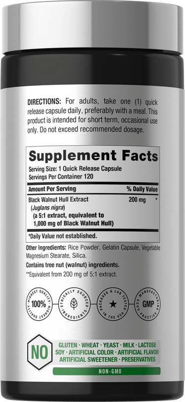 View 5 Back label / Supplement Facts showing directions, Black Walnut Hull Extract 200 mg, other ingredients, and dietary attribute icons.