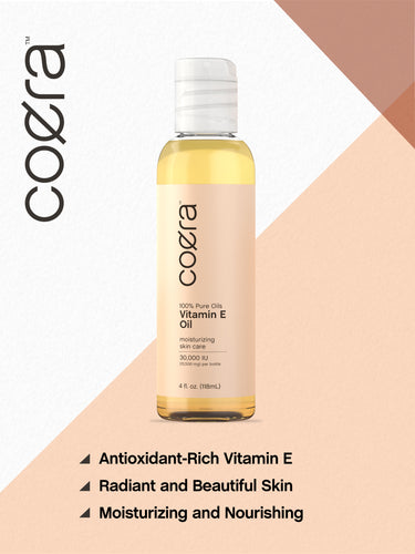 View 8 Graphic stating Antioxidant-Rich Vitamin E, Radiant and Beautiful Skin, Moisturizing and Nourishing, with Coera 100% Pure Oil Vitamin E Oil bottle.