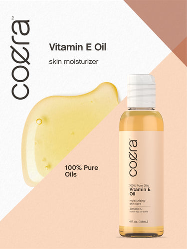 View 10 Graphic stating Vitamin E Oil, skin moisturizer, 100% Pure Oils, with Coera Vitamin E Oil bottle and oil texture.