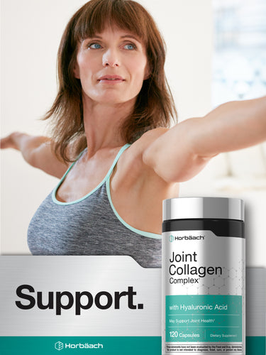 View 13 Lifestyle image of adult stretching with Joint Collagen Complex bottle and graphic stating Support.