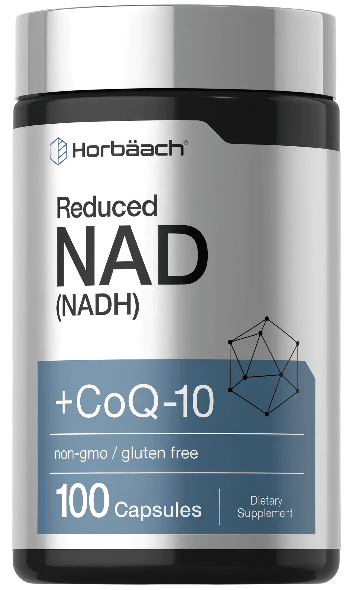 A bottle of Reduced NAD (NADH) with CoQ-10, containing 100 capsules, displayed against a white background.
