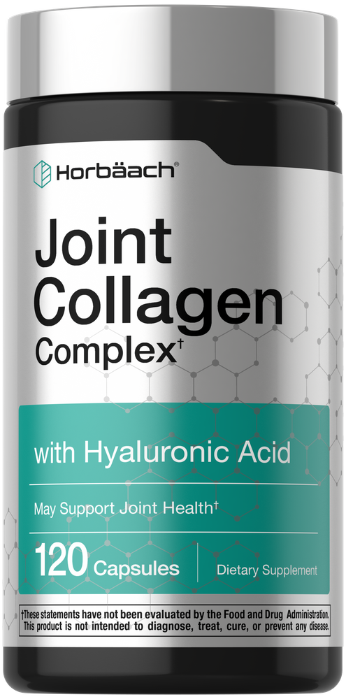 Hand holding Joint Collagen Complex with Hyaluronic Acid, 120 capsules, showcasing scale for size reference.
