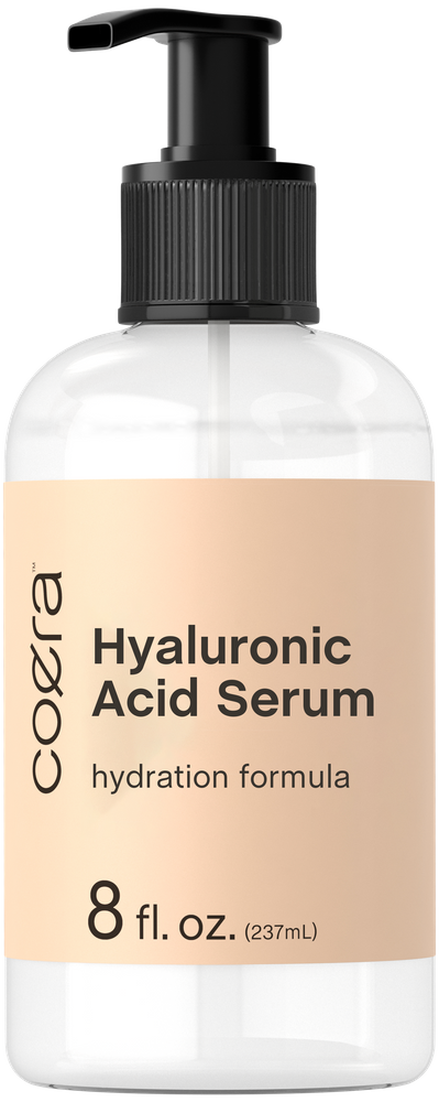 Clear 8 fl. oz. hyaluronic acid serum bottle with black pump dispenser.