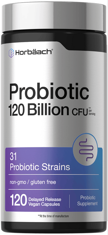 View 1 Horbäach Probiotic with 120 Billion CFU, contains 120 delayed release vegan capsules.