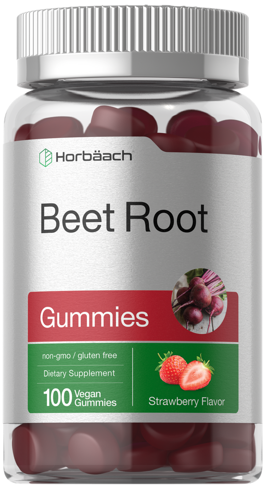 Horbäach Beet Root Gummies, 100 vegan gummies in strawberry flavor, shown with a hand for scale.