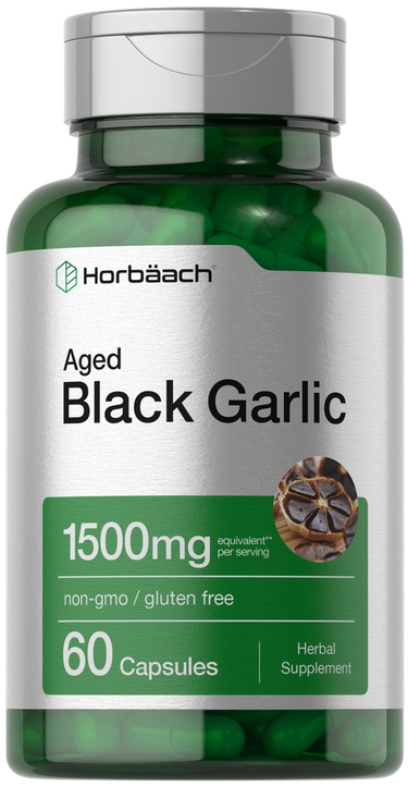 Green supplement bottle labeled 'Aged Black Garlic' by Horbaach on a white background