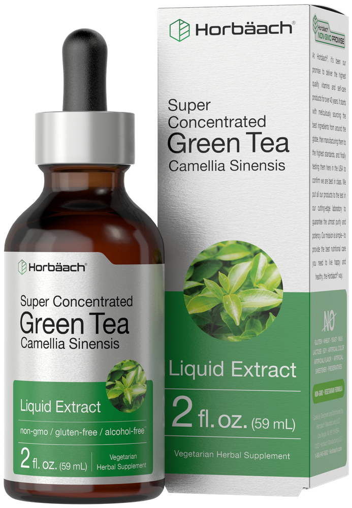 Super Concentrated Green Tea Liquid Extract bottle and box, 2 fl. oz. (59 mL), displayed for size reference.