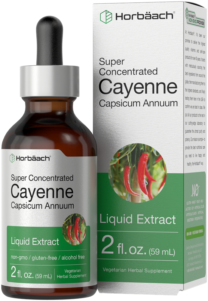 Hand holding Cayenne Liquid Extract 2 fl. oz. (59 mL) bottle next to its product box.