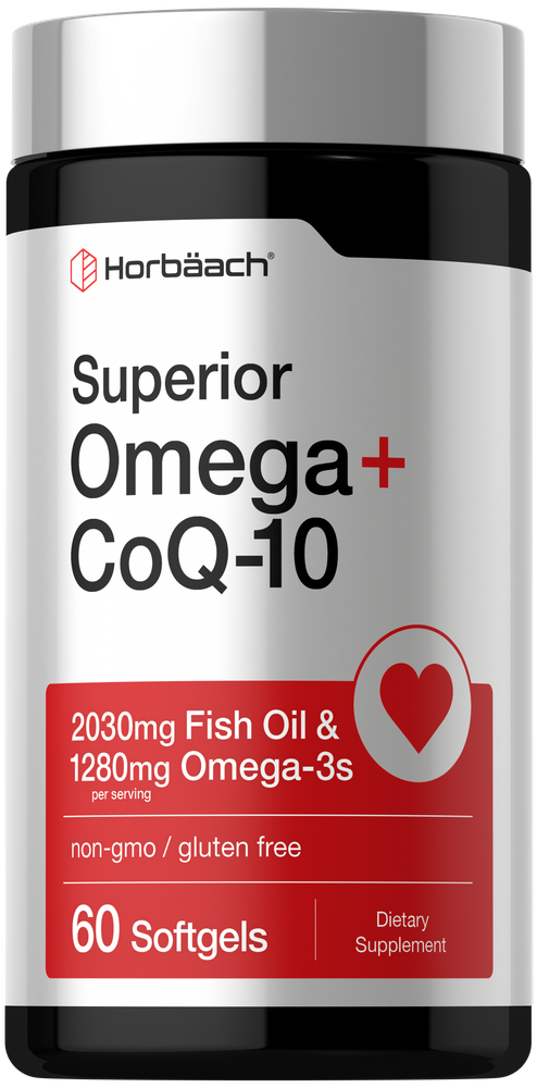A hand holding a bottle of Superior Omega + CoQ-10 with 60 softgels, showcasing the product's design and size.