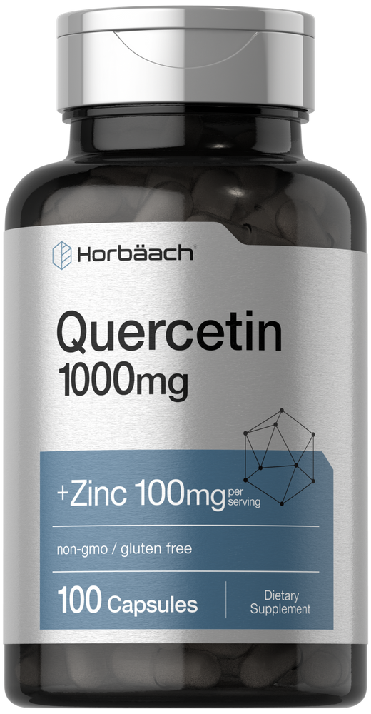 Supplement bottle labeled 'Quercetin 1000mg + Zinc 100mg' by Horbaach on a white background.