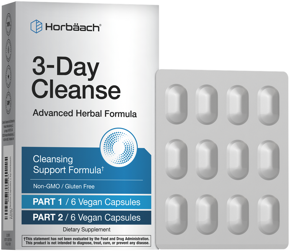 A silver blister pack of 12 vegan capsules sits next to a white box of Horbäach 3-Day Cleanse Advanced Herbal Formula.