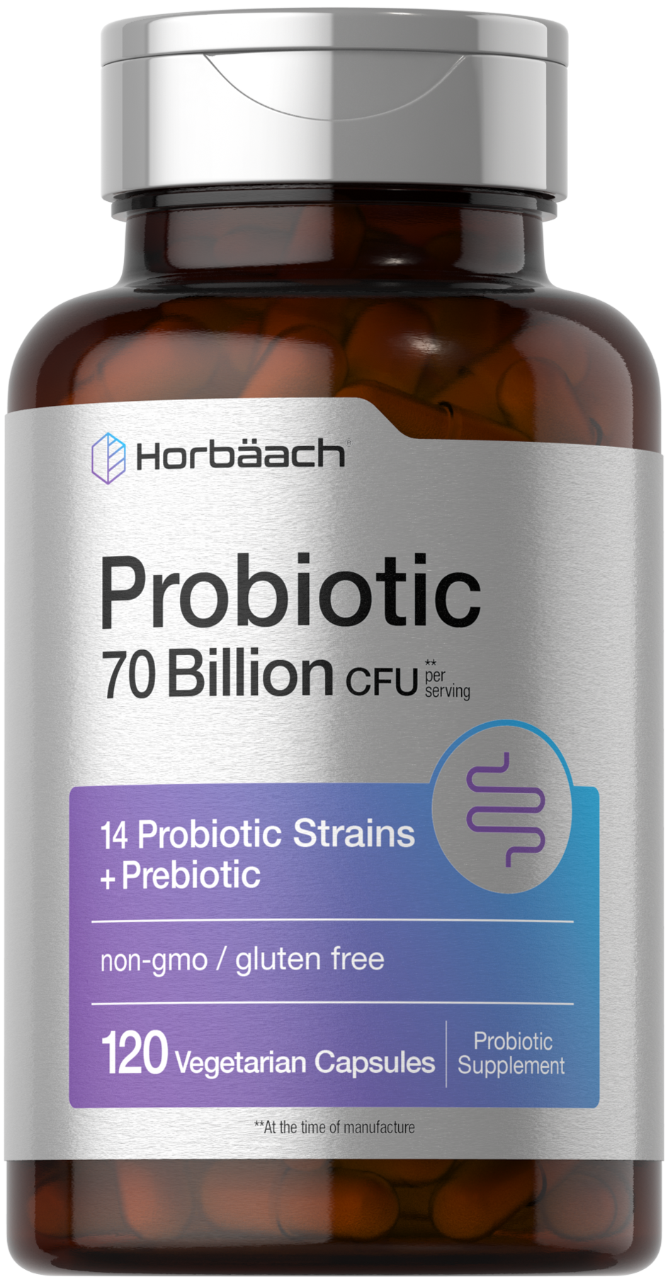 Probiotic 70 Billion CFU supplement with 14 strains and prebiotic, non-GMO, gluten-free, 120 vegetarian capsules.