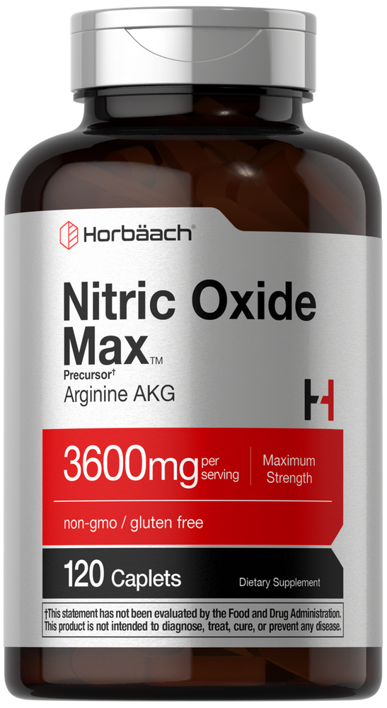 Horbäach Nitric Oxide Max Precursor Arginine AKG, 3600mg per serving, comes in a bottle of 120 caplets.