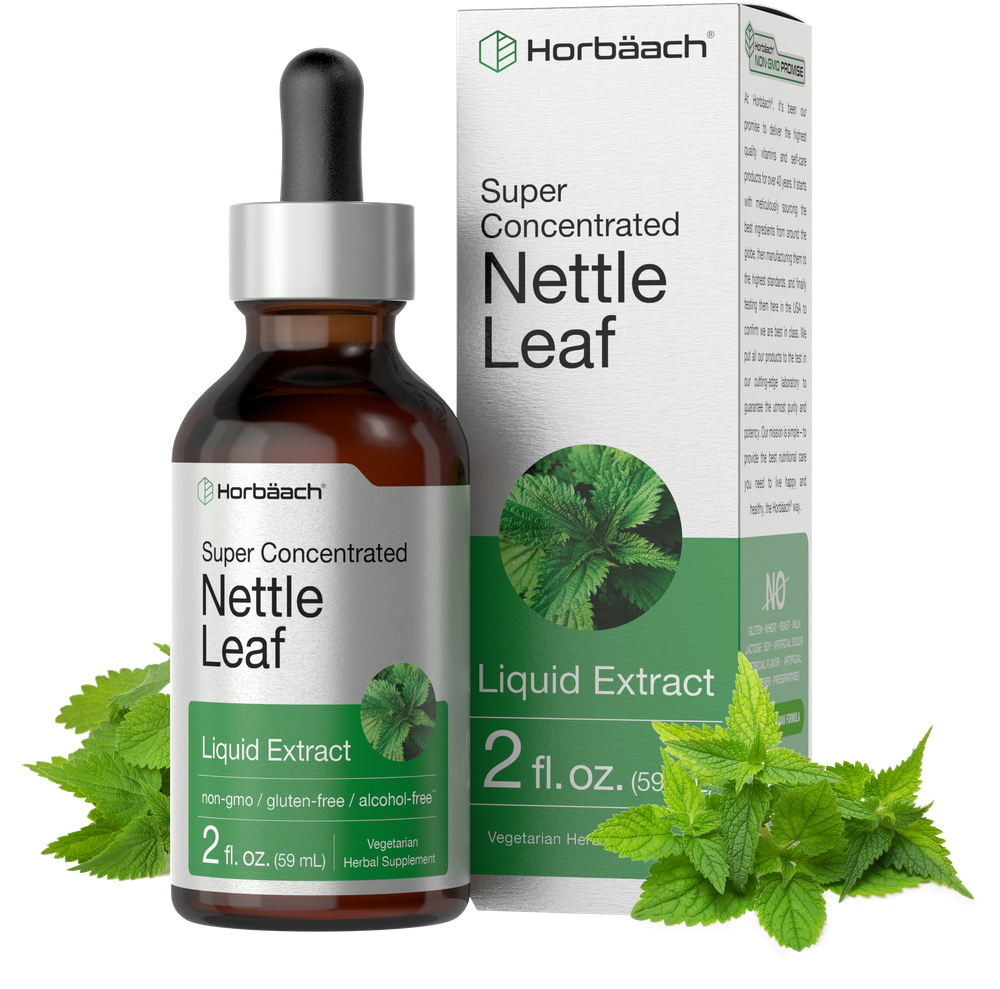A 2 fl. oz. (59 mL) Nettle Leaf Liquid Extract bottle, shown on a hand scale to indicate its size.