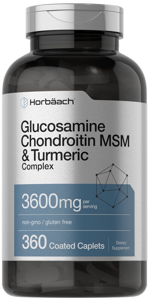 Supplement bottle labeled 'Horbaach Glucosamine Chondroitin MSM & Turmeric Complex' on a black background