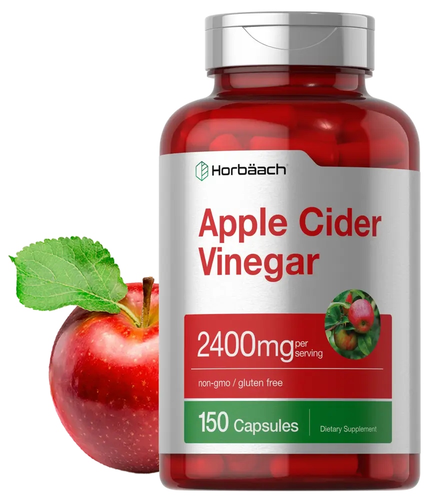 Bottle of Horbaach Apple Cider Vinegar capsules with an apple on a white background