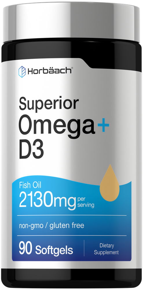 Supreme Omega + D3 bottle contains 90 softgels, 2130mg fish oil per serving, non-GMO and gluten-free dietary supplement.