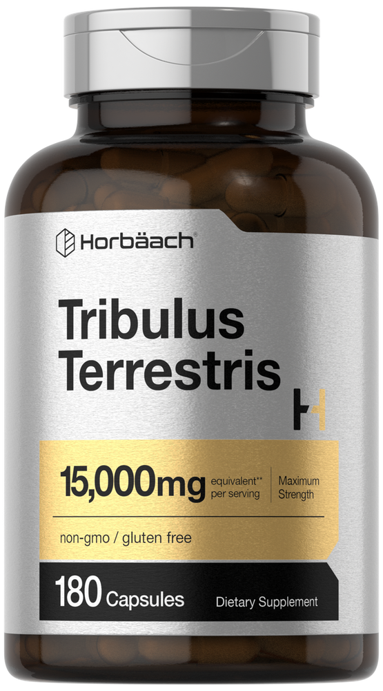 Hand holding a bottle of 180 Tribulus Terrestris capsules, showcasing supplement for energy and vitality.