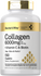 Supplement bottle labeled 'Collagen 6000mg' with gold and white design on a white background