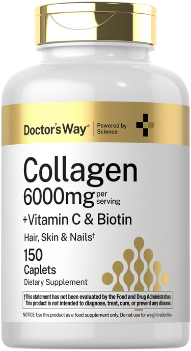 Supplement bottle labeled 'Collagen 6000mg' with gold and white design on a white background