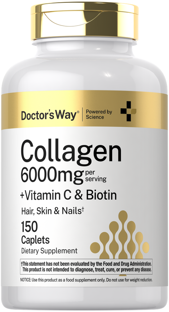 Supplement bottle labeled 'Collagen 6000mg' with gold and white design on a white background
