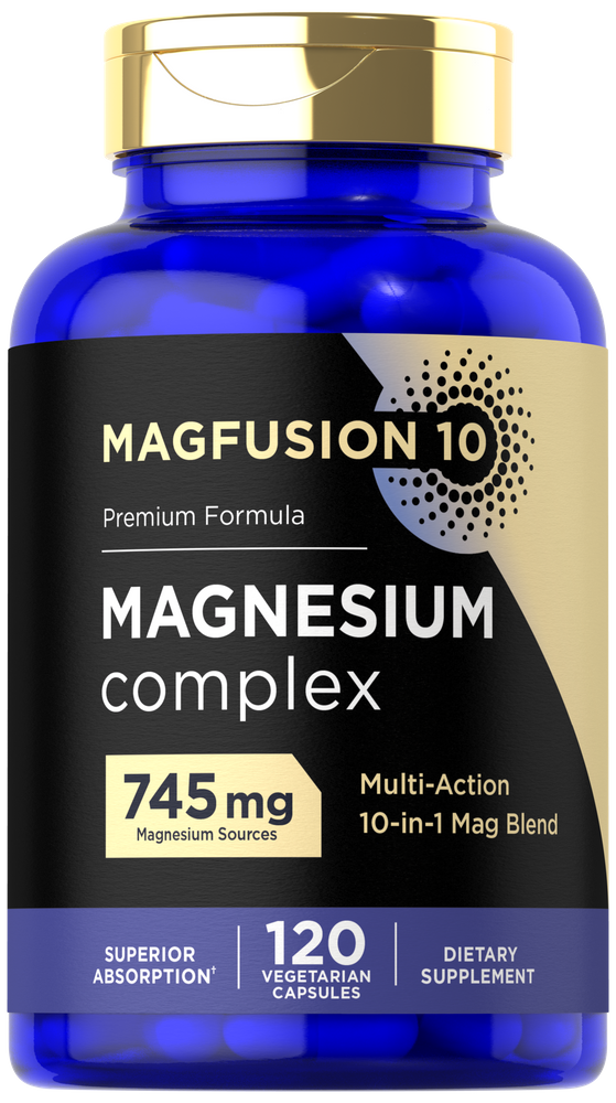 Blue supplement bottle labeled 'Magfusion 10 Magnesium complex' on a white background