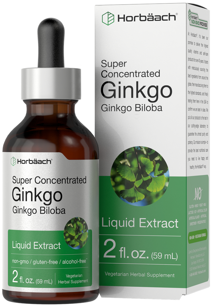 The Ginkgo Biloba Liquid Extract bottle and box, 2 fl. oz. (59 mL), are displayed for size reference.