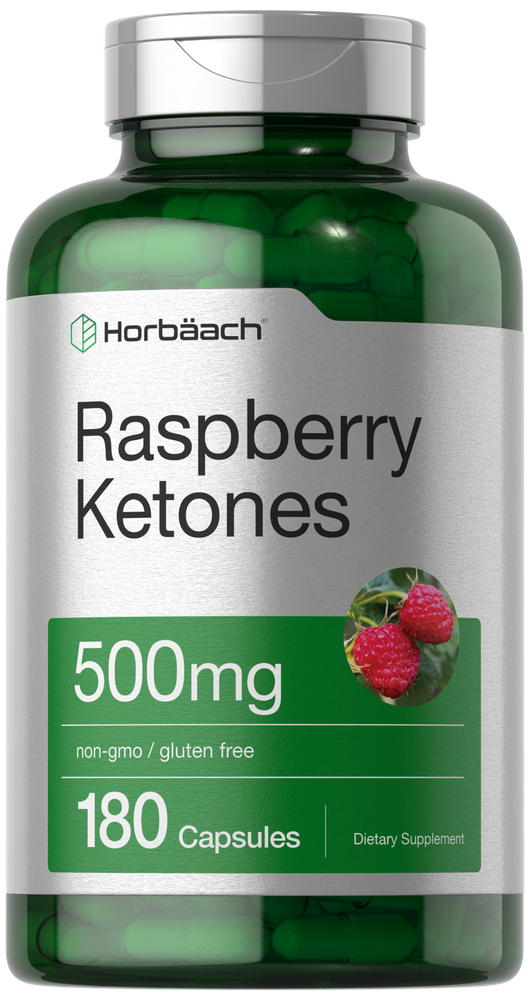 Bottle of Horbaach Raspberry Ketones supplement with green label and silver cap.
