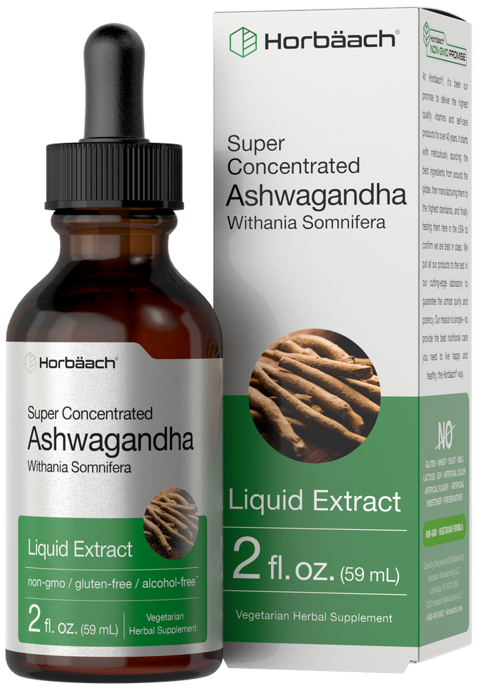 A 2 fl. oz. (59 mL) bottle of Super Concentrated Ashwagandha Liquid Extract shown on a hand for scale.