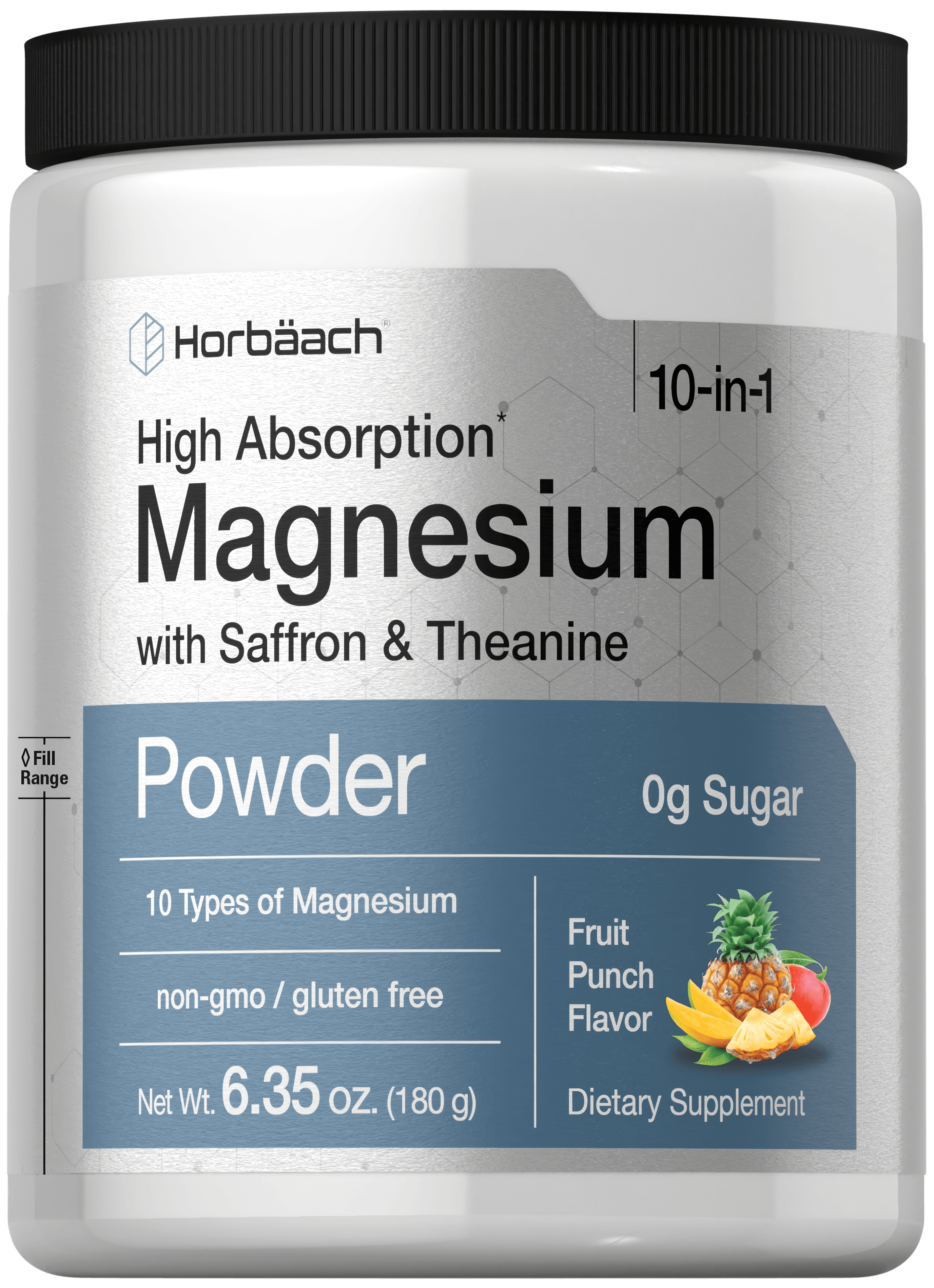 High Absorption Magnesium Powder with Saffron & Theanine, 10-in-1, 0g Sugar, 10 Types of Magnesium, Fruit Punch Flavor, 6.35 oz (180 g).