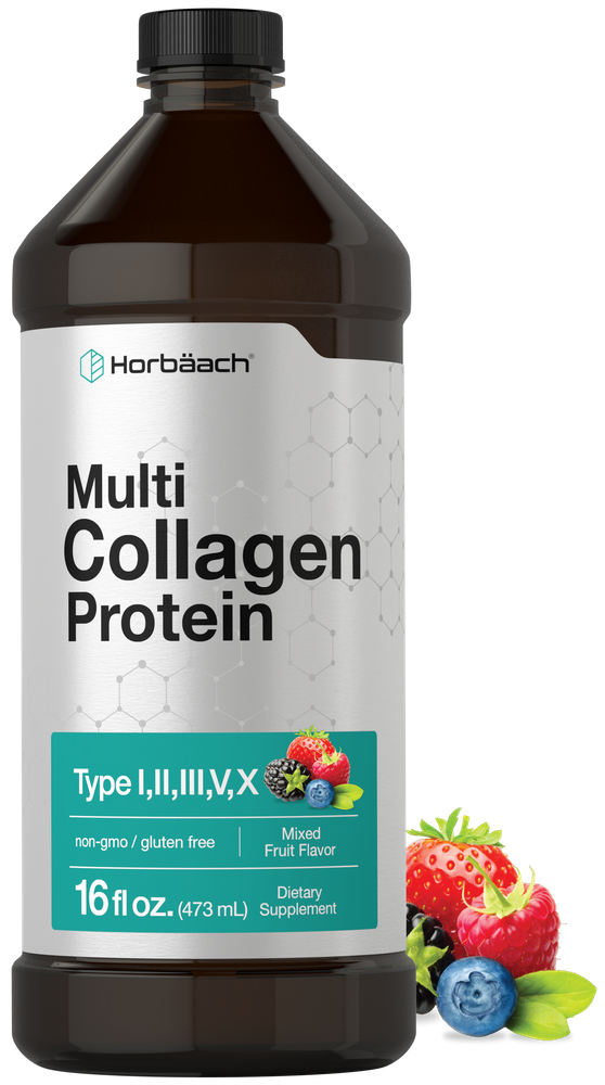 Bottle of Horbaach Multi Collagen Protein with fruit illustrations on a white background