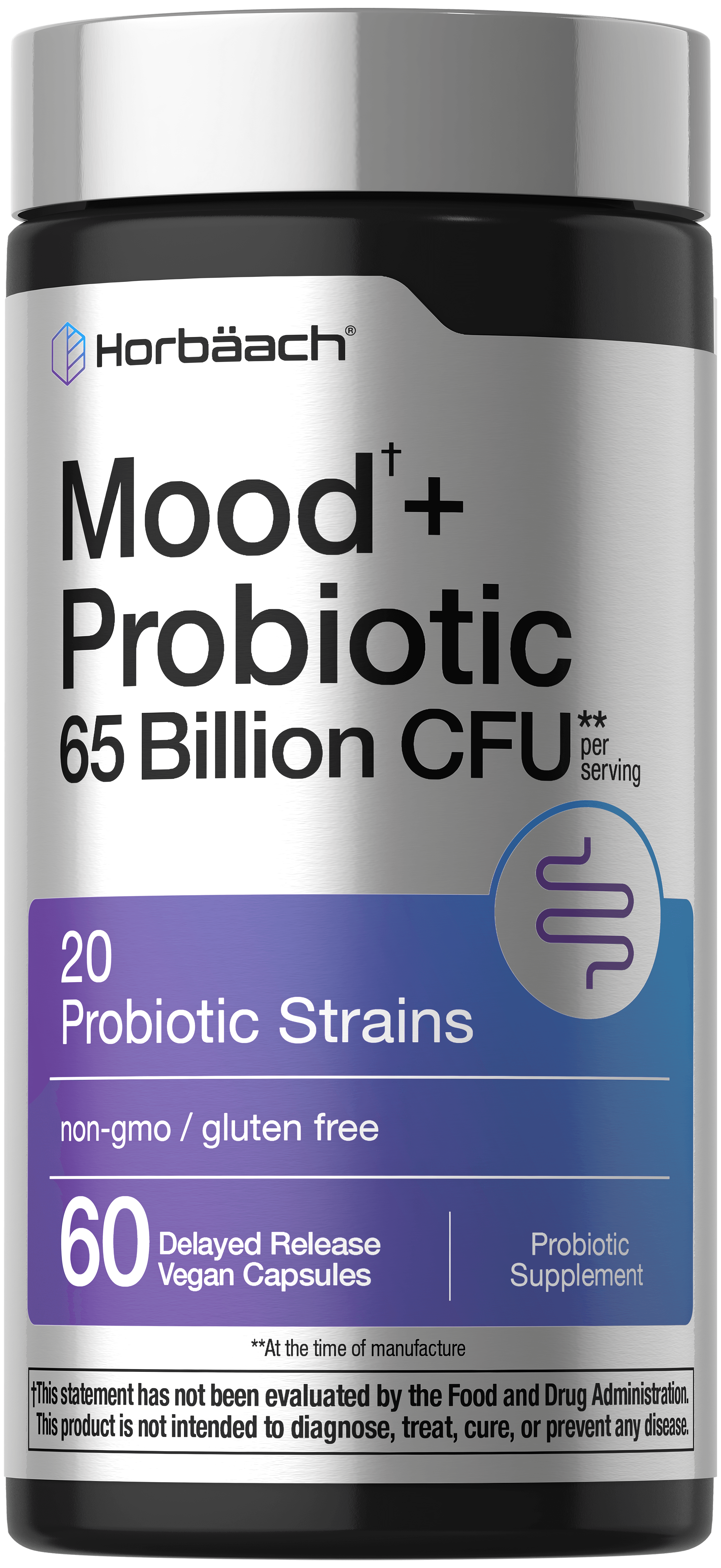 Horbäach Mood Probiotic with 65 Billion CFU, 20 probiotic strains, 60 delayed release vegan capsules, non-GMO and gluten-free.