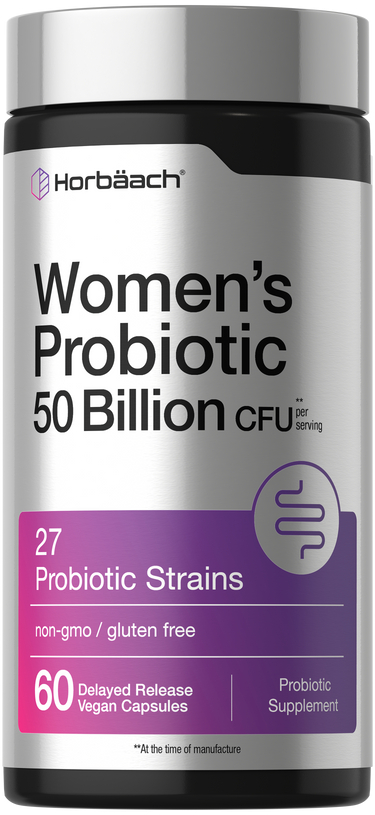 View 1 Horbäach Women's Probiotic with 50 Billion CFU, featuring 60 delayed release vegan capsules.