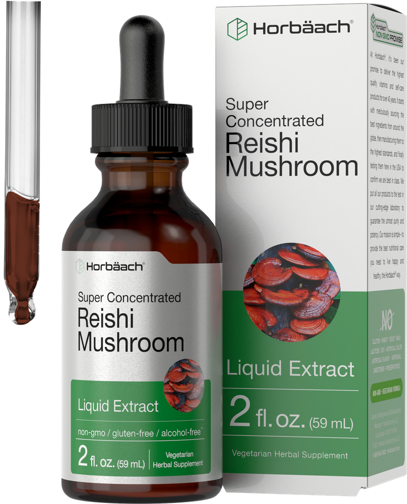 Horbäach Reishi Mushroom liquid extract bottle and packaging on a white background