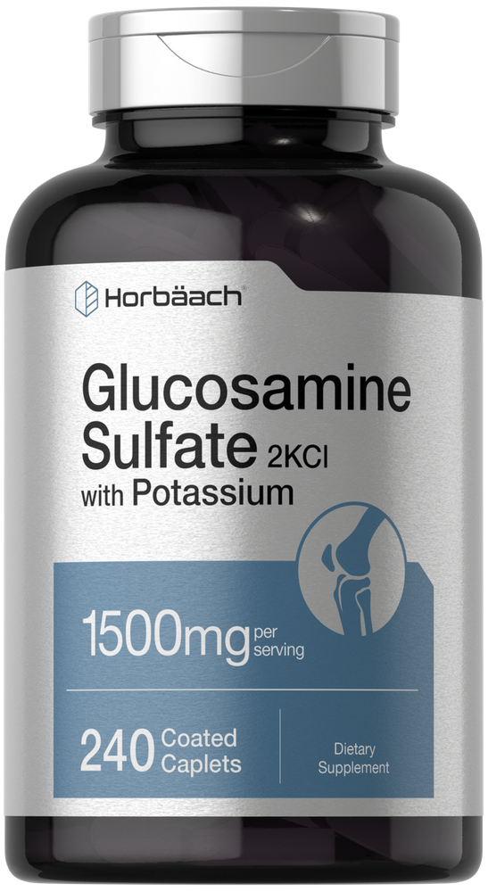 Horbäach Glucosamine Sulfate 2KCI with Potassium 1500mg per serving, 240 coated caplets in bulk packaging.